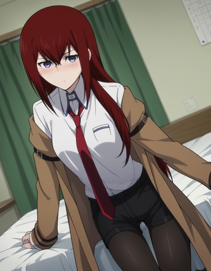 score_9, score_8_up, score_7_up, source_anime,
kurisumakise, <lora:kurisu-makise-s1-ponyxl-lora-nochekaiser:1>,
kurisu makise, hair between eyes, hair over shoulder, long hair, purple eyes, red hair, straight hair,
black pantyhose, black shorts, brown coat, coat, collared shirt, long sleeves, necktie, pantyhose, pantyhose under shorts, shirt, short shorts, shorts, sleeves past wrists, white shirt, wing collar,
indoors, bed, bed room, on side, blush, drunk,
looking at viewer, cowboy shot, solo, dutch angle,