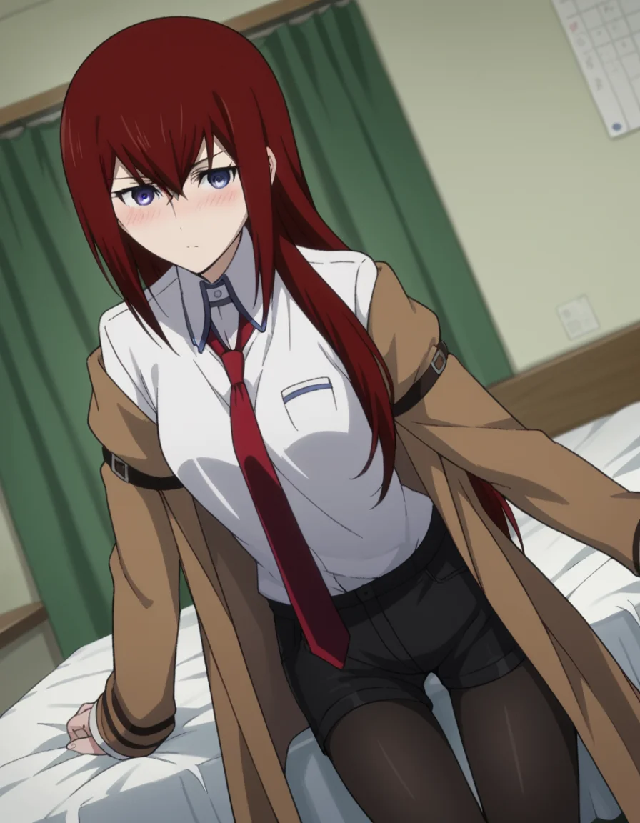 score_9, score_8_up, score_7_up, source_anime,
kurisumakise, <lora:kurisu-makise-s1-ponyxl-lora-nochekaiser:1>,
kurisu makise, hair between eyes, hair over shoulder, long hair, purple eyes, red hair, straight hair,
black pantyhose, black shorts, brown coat, coat, collared shirt, long sleeves, necktie, pantyhose, pantyhose under shorts, shirt, short shorts, shorts, sleeves past wrists, white shirt, wing collar,
indoors, bed, bed room, on side, blush, drunk,
looking at viewer, cowboy shot, solo, dutch angle,