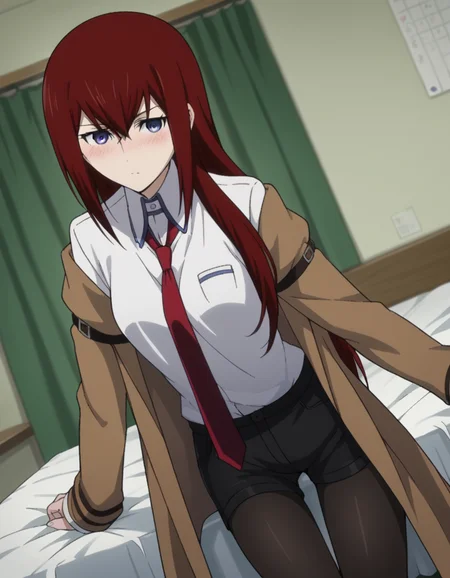 score_9, score_8_up, score_7_up, source_anime,
kurisumakise, <lora:kurisu-makise-s1-ponyxl-lora-nochekaiser:1>,
kurisu makise, hair between eyes, hair over shoulder, long hair, purple eyes, red hair, straight hair,
black pantyhose, black shorts, brown coat, coat, collared shirt, long sleeves, necktie, pantyhose, pantyhose under shorts, shirt, short shorts, shorts, sleeves past wrists, white shirt, wing collar,
indoors, bed, bed room, on side, blush, drunk,
looking at viewer, cowboy shot, solo, dutch angle,