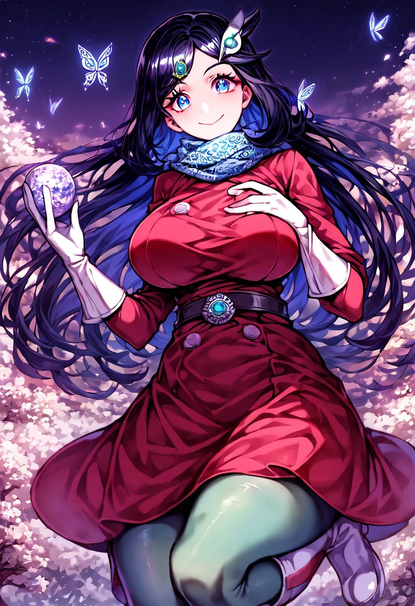 gorgeous lips, cinematic, (masterpiece), (best quality), (ultra-detailed), very aesthetic, perfect composition, intricate details, absurdres, detailed face, (anime, masterpiece, intricate:1.3), (best quality, hires textures, high detail:1.2), score_9, score_8_up, score_7_up, source_anime, 1girl, liko \(pokemon\), very long hair, black hair, blue highlights, blue eyes, eyelashes, hair ornament, scarf, dress, red dress, long sleeves, buttons, gloves, white gloves, belt, pantyhose, green pantyhose, boots, white heel footwear, butterflies, skirt, floral patterns, alternate_costume, large breasts, facial expression, kind, soft eyes, head tilt, slightly smiling, closed mouth, hand on breasts, breasts covered, goddess, planet size, giantess, enormous body, growing even bigger, towering over cities, small planet, in the city, sitting on a city, floating object, gradient eyes, beautiful detailed eyes, Chinatown background, Chinatown landscape, Chinatown, temples, outdoors, cherry blossom forest, small lakes, holding planet, (masterpiece:1.4), (best quality:1.4), (ultra-detailed:1.2), gl0w, glow,
