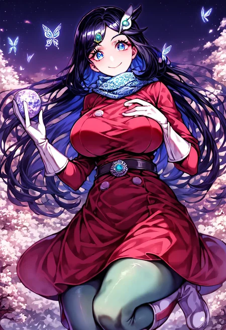 gorgeous lips, cinematic, (masterpiece), (best quality), (ultra-detailed), very aesthetic, perfect composition, intricate details, absurdres, detailed face, (anime, masterpiece, intricate:1.3), (best quality, hires textures, high detail:1.2), score_9, score_8_up, score_7_up, source_anime, 1girl, liko \(pokemon\), very long hair, black hair, blue highlights, blue eyes, eyelashes, hair ornament, scarf, dress, red dress, long sleeves, buttons, gloves, white gloves, belt, pantyhose, green pantyhose, boots, white heel footwear, butterflies, skirt, floral patterns, alternate_costume, large breasts, facial expression, kind, soft eyes, head tilt, slightly smiling, closed mouth, hand on breasts, breasts covered, goddess, planet size, giantess, enormous body, growing even bigger, towering over cities, small planet, in the city, sitting on a city, floating object, gradient eyes, beautiful detailed eyes, Chinatown background, Chinatown landscape, Chinatown, temples, outdoors, cherry blossom forest, small lakes, holding planet, (masterpiece:1.4), (best quality:1.4), (ultra-detailed:1.2), gl0w, glow,
