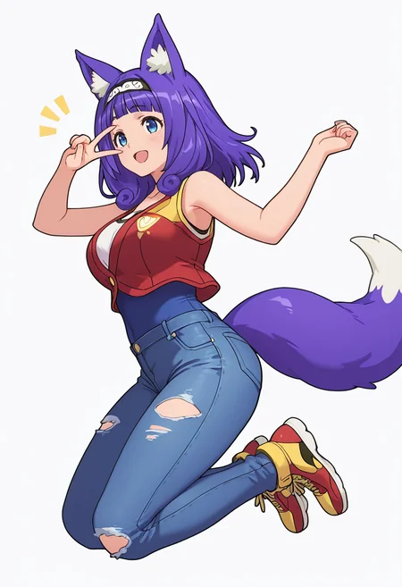 Smooth Quality,masterpiece,very intricate, high quality details, ultra realistic, high detailed skin,detailed enviorement,absurdres,
v over eye,solo,
<lora:Kyan_Hitamu_CNR:0.8> hitamu_cnr, fox ears,animal ear fluff,blue eyes,purple hair, medium hair,long hair, blunt bangs,large breasts, hairband,tail,, simple background, white background, from side,
jumping, arms open, legs bent, smiling, midair, ,, o o,, unitard, ,button-up vest, ,ripped jeans, ,