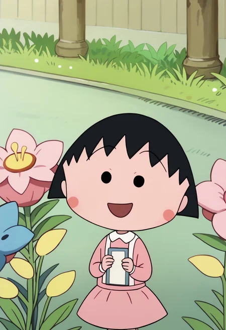 score_9, score_8_up, score_7_up BREAK ChibiMaruko, 1girl, black bobcut, black dot eyes, pink circle blush, happy, solo, solo focus, puffy pink princess dress, flowers garden,