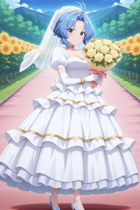 absurdres, highres, masterpiece, best quality, amazing quality, official anime artwork, screencap, anime screencap, outdoors, looking at viewer, 
 <lora:Ichirin-Kumoi_Illustrious:1> kumoi ichirin, 1girl, solo, blue eyes, blue hair, short hair, antenna hair,, alternate costume, bridal veil, silver tiara, gold choker, cleavage, wedding dress, frilled dress, white dress, puffy short sleeves, white gloves, elbow gloves, high heels, holding bouquet, bracelet, gold trims,
