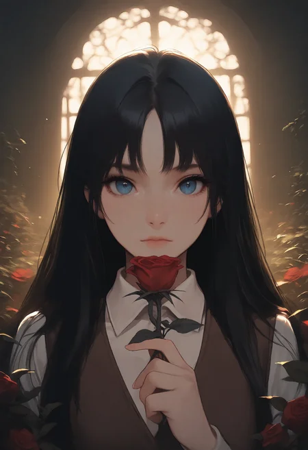 1girl, solo, dark hair, long hair, looking at viewer, holding rose, blue eyes, white collared shirt, brown vest, upper body, masterpiece, best quality, very aesthetic