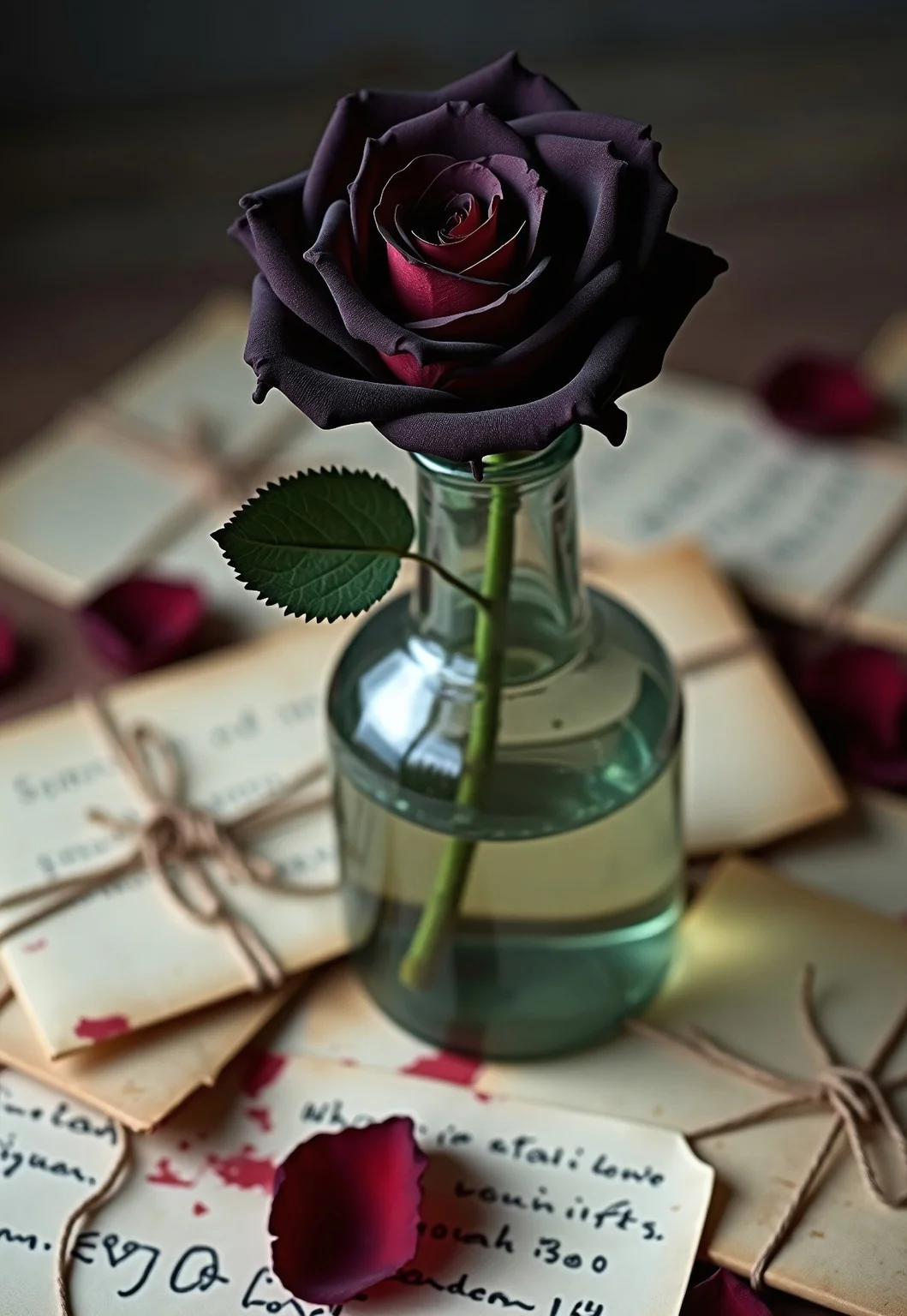 A single black rose in a shattered glass vase, surrounded by unopened love letters tied with faded ribbons. The petals are falling, mirroring love slipping away.