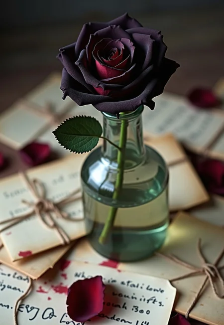 A single black rose in a shattered glass vase, surrounded by unopened love letters tied with faded ribbons. The petals are falling, mirroring love slipping away.