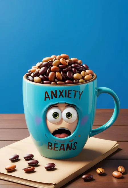 Anxiety beans in the mug with the text "Anxiety beans", pixar art