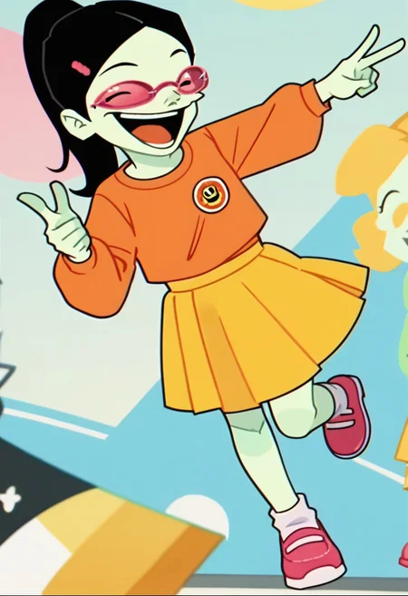 score_9, score_8_up, score_7_up BREAK melirie, 1girl, light green skin, black hair, ponytail, pink glasses, pink hairclip, orange longsleeved shirt, small penguin circle badge, yellow skirt, pink shoes, screenshot, laughing at viewer, pointing and laughing, scientific background, happy,