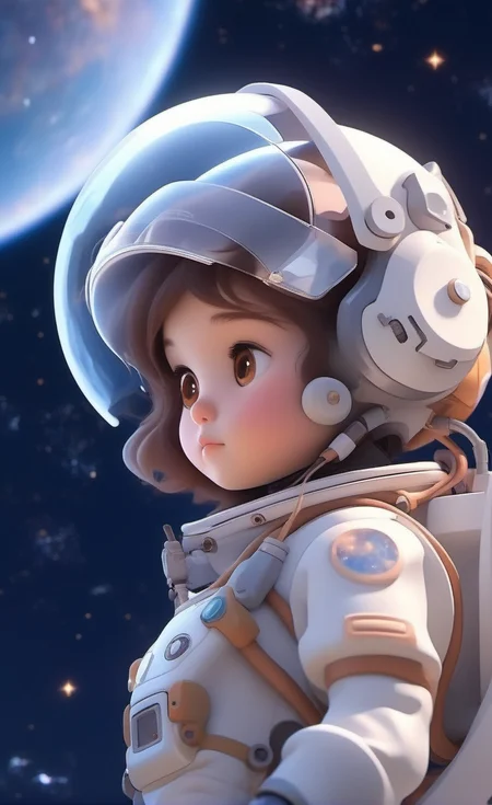 Pixar style,MG_ip,1girl,child,solo,helmet,profile,brown hair,science fiction,spacesuit,from side,upper body,brown eyes,short hair,machine,mechanical antenna,mecha,cable,background starry sky,the earth,planet,<lora:3D模å丨å¯ç±åSDXLç_v2.0:1>,