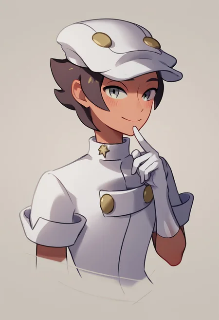 score_9,score_8_up,score_7_up,score_6_up,score_5_up,score_4_up,BREAKmasterpiece, hyper detailed, best quality, insanely detailed, high quality, exquisite, detailed, beautiful, ultra detailed,
1 boy,
score_9, score_8_up, score_7_up, masterpiece, best quality, amazing quality, best aesthetic, ,absurdres,intricate details,aether employee, brown hair, grey eyes, white hat, white gloves, white jumpsuit, white boots, solo,score_6_up, source_, score_5_up,score_9_up<lora:EMS-379231-EMS:1.000000>
person, smiling, blushing, brining finger close to face, cute, approachable,
in Take style,