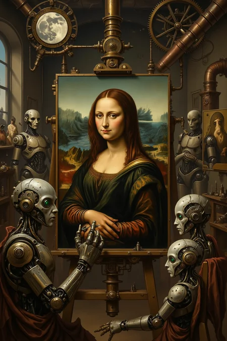 Film grainï¼Green eyesï¼well proportioned. In a steampunk version of Leonardo Da Vinci's studio, a group of hair-striped figures are creating moving paintings. In the unfinished work on the easel, Mona Lisa's robotic arm touches up her makeup, and each disciple at the Last Supper is a robot from a different era. The ceiling of the studio is a working astrometric device, and the cogwheel mountains on the moon can be seen through a copper tube telescope.