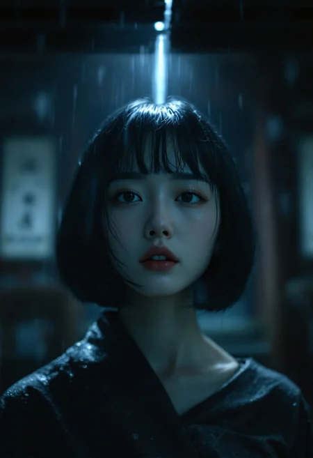 Close-up of a woman with a sleek Japanese bob haircut, standing still under the eaves of an ancient Shinto shrine during a heavy rainstorm. A narrow gap in the shrine's roof lets a thin vertical streak of water fall directly in front of her face, catching the dim, moody light. Her expression is introspective and calm, with soft shadows accentuating her delicate features. The atmosphere is dark, wet, and emotional — rain mist curls around her, the shrine’s faded wood and mossy stones visible in the blurred background. Raindrops bead on her hair and skin. Moody cinematic lighting, high realism, muted cold color palette (deep blues, grays, subtle greens), focus on texture — wet surfaces, glistening skin, dripping water. Shot with a shallow depth of field, emphasizing intimacy and melancholy. Inspired by photographers like Masashi Wakui and films like "Blade Runner" and "Lost in Translation.
