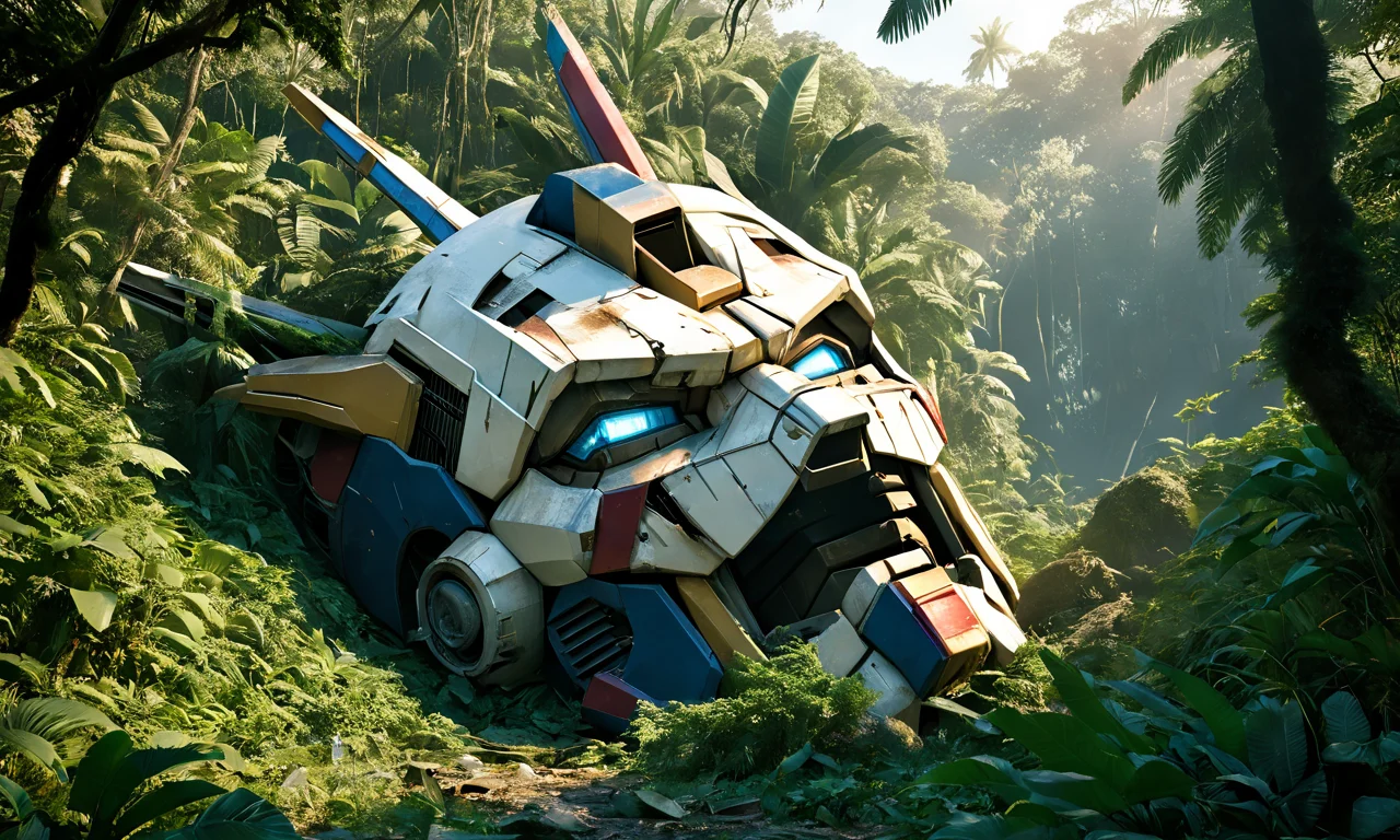 a gigantic broken gundam head lying in a jungle, best quality, landscape, nature, masterpiece, intricate, highly detailed, cinematic lights, <lora:abslandsdxl:0.9>, abslandsdxl, 4 fingers, ruined,