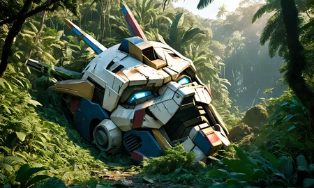 a gigantic broken gundam head lying in a jungle, best quality,  landscape, nature, masterpiece, intricate, highly detailed,  cinematic lights, <lora:abslandsdxl:0.9>, abslandsdxl, 4 fingers, ruined,