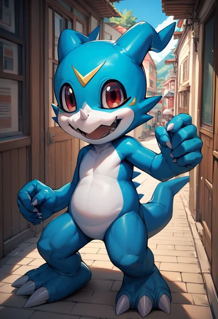 veemon(creature), digimon(creature), scalie, blue body, red eyes, tail, claws, horn, 1boy, solo, 3 toes, 5 fingers, standing, smile, open mouth, full body, score_9, score_8, score_7_up, score_6_up,