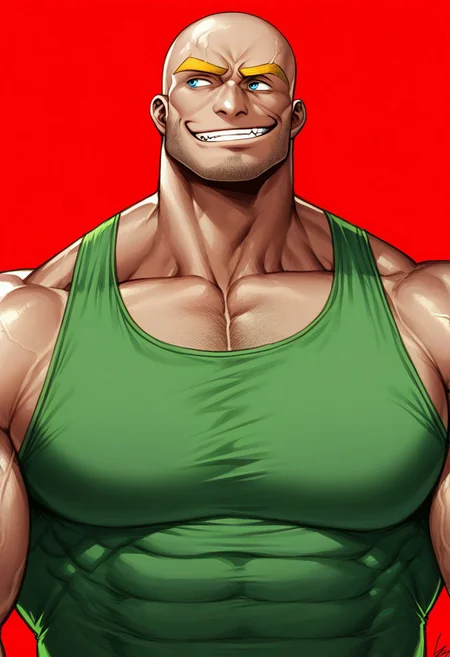 score_9,score_8_up,score_7_up, detailed face, detailed body, detailed eyes, Highest Quality, 4k, masterpiece, Amazing Details, (((GomTang, low angle, portrait))), ((solo, 1boy, bara, bald, yellow eyebrows, Goliath, dark blue eyes, smirk face, evil, looking to viewer, massive pectoral, muscular, tall, bodybuilding, green tank top, strong triangular jawline, rugged feature, chiseled feature)), (red sky with orange clouds background)