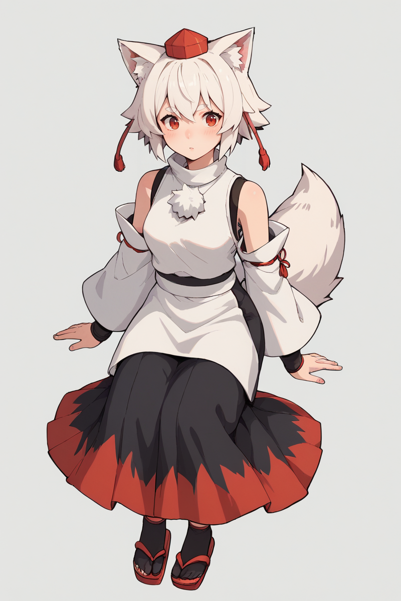 score_9, score_8_up, score_8, score_9, 1 girl,  source_anime, <lora:inubashiri_momiji_pony-10:0.8>  inubashiri momiji, white hair, short hair, wolf ears, tokin hat, pom pom \(clothes\), red eyes, full body, skirt, two-tone skirt,   <lora:gh1bl1XLP:0.8> gh1bl1