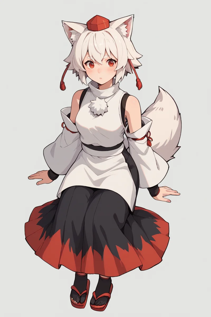 score_9, score_8_up, score_8, score_9, 1 girl, source_anime, <lora:inubashiri_momiji_pony-10:0.8> inubashiri momiji, white hair, short hair, wolf ears, tokin hat, pom pom \(clothes\), red eyes, full body, skirt, two-tone skirt, <lora:gh1bl1XLP:0.8> gh1bl1