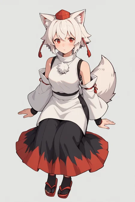 score_9, score_8_up, score_8, score_9, 1 girl, source_anime, <lora:inubashiri_momiji_pony-10:0.8> inubashiri momiji, white hair, short hair, wolf ears, tokin hat, pom pom \(clothes\), red eyes, full body, skirt, two-tone skirt, <lora:gh1bl1XLP:0.8> gh1bl1