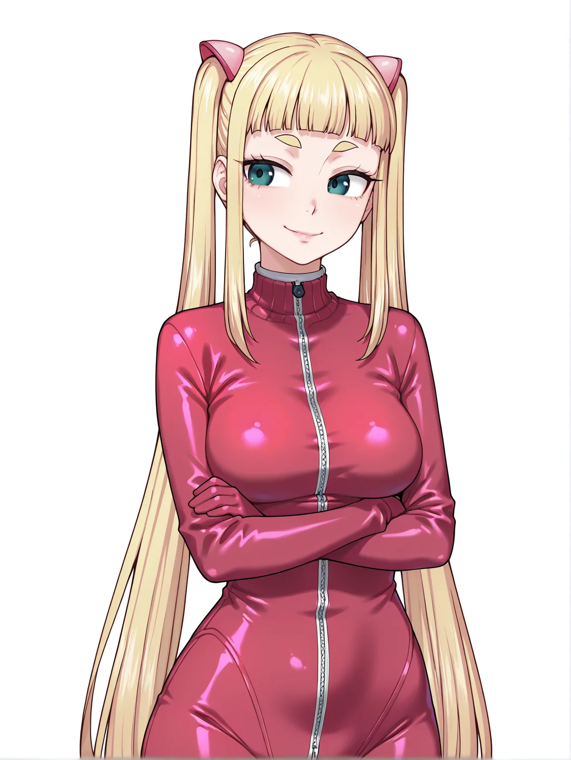 masterpiece, best quality, amazing quality, absurdres, newest, dynamic_angle, defined facial features, white background,
<lora:KONOHA_IL2.0v0b:0.8> konoha \(magical girl konoha\), upper body, smile, crossed arms, medium breasts, wide hips, (((((aged up:1.8, mature female:1.8))))), ((pink plugsuit:1.5)),