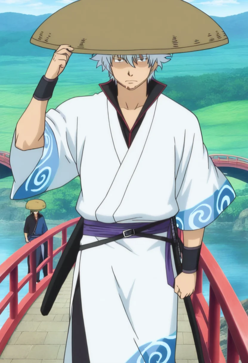 masterpiece, best quality, absurdres, detailed skin, anime colored, anime screencap,
sakata gintoki, serious, standing, adjusting headwear,
<lora:kasa:1>, ((kasa)), large hat,
bridge,
