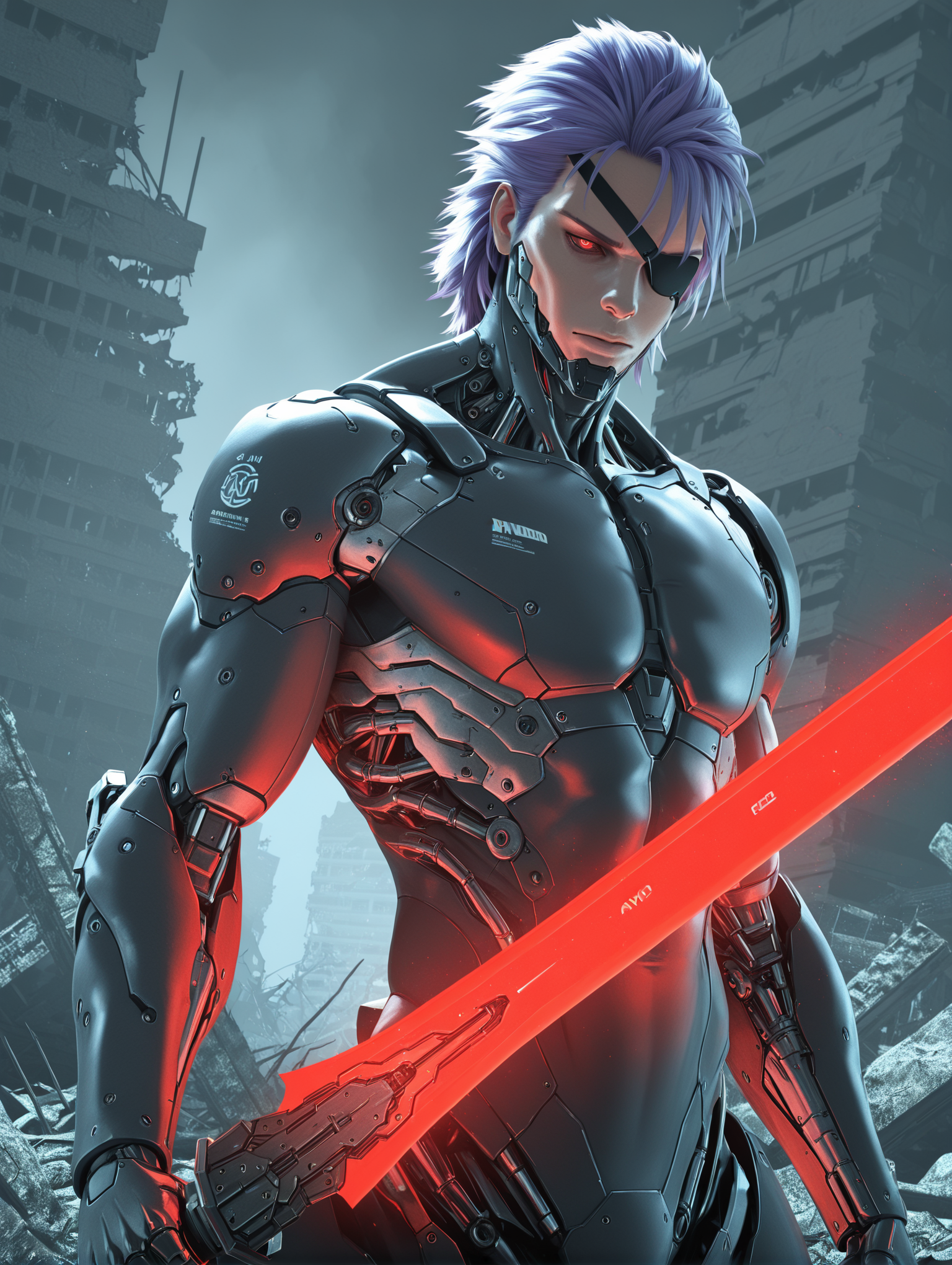 Raiden \(metal gear\) ,1boy,, cyborg, bodysuit, ,, , cyborg, bodysuit, eyepatch,,RaidenMGRDef,glowing weapon,holding sword,upper body,outdoor,ruins,red eye, ,abstract background,
,masterpiece,best quality,amazing quality,   <lora:Detail_Enhancer_3D_Render_StyleAyanna_AI_ILLUST-000013:1> 3D, Realistic, ayn0_st