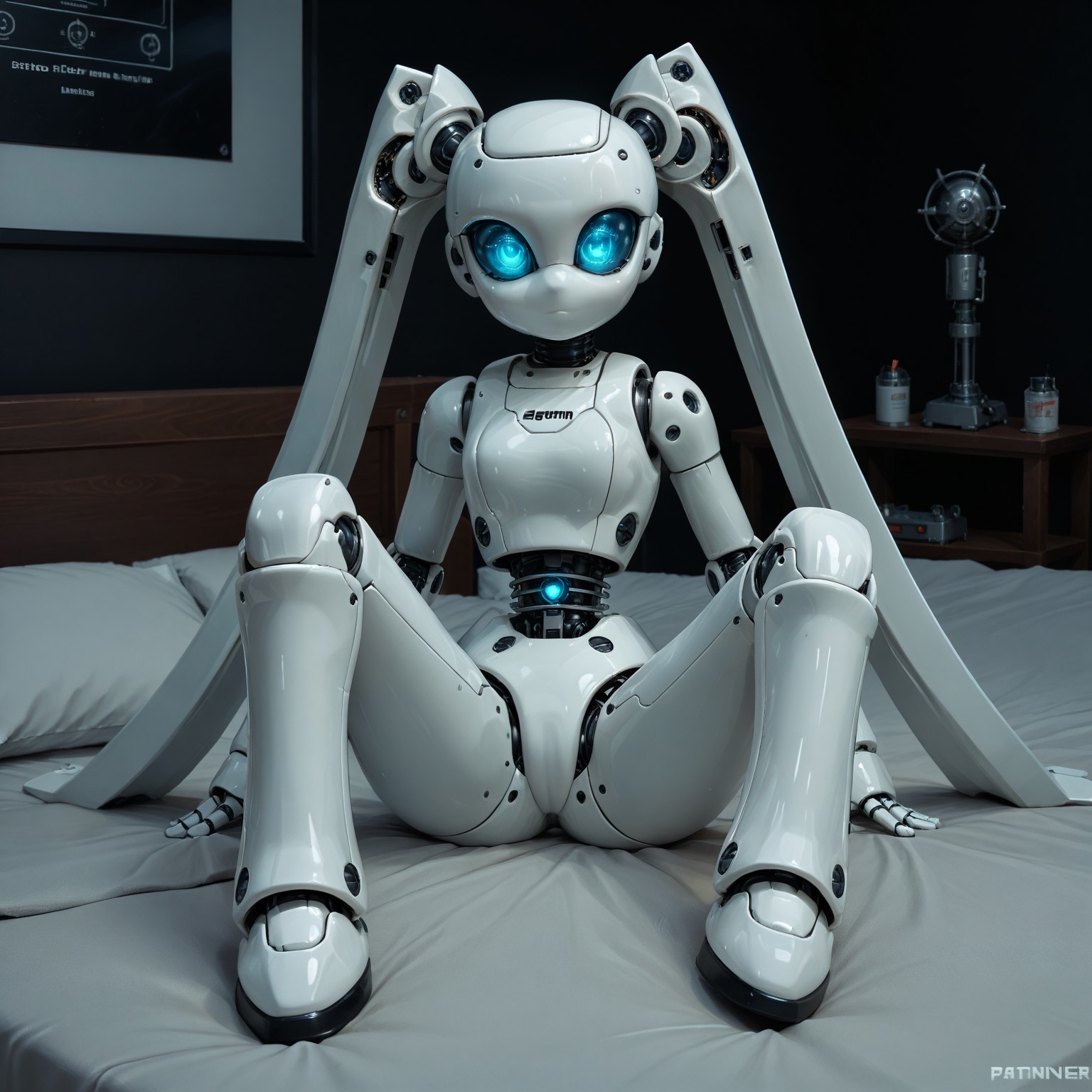 embedding:urn:air:sd1:embedding:civitai:222256@250708, [[drosselvonflugel]],sitting on bed, seductive pose, knees, feet, perfect hands gesturing, warm photo, score_9,score_8, detailed closeup, hands beckoning, cute robot girl, medium twintails, glossy white plastic body panels, LED optic eyes, Roboticizer,atompunk