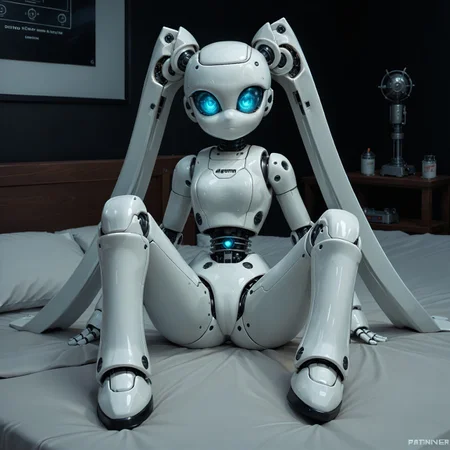 embedding:urn:air:sd1:embedding:civitai:222256@250708, [[drosselvonflugel]],sitting on bed, seductive pose, knees, feet, perfect hands gesturing, warm photo, score_9,score_8, detailed closeup, hands beckoning, cute robot girl, medium twintails, glossy white plastic body panels, LED optic eyes, Roboticizer,atompunk