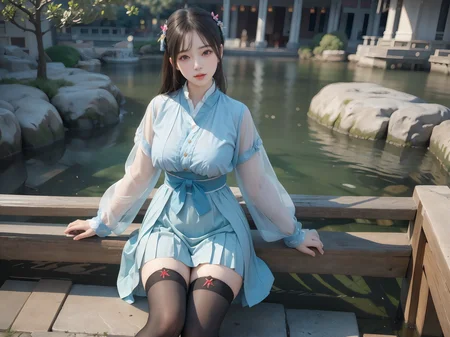 (8k, RAW photo, best quality, masterpiece:1.2), (realistic, photo-realistic:1.4), highres, 1girl an extremely delicate and beautiful girl, (full body:1.2), extremely detailed eyes and face, ultra-detailed, extremely detailed, depth of field, looking at viewer, Suzhou gardens, ming style outfits, ming hanfu, (big breast:1.1), (chest ru skirt:1.2), extra-long sleeve, fold collar, (thighhighs:1.1), beautiful detailed eyes, a sweet girl, gorgeous, rough skin, (oval face:1.1), cute, professional lighting, physically-based rendering, <lora:cuteGirlMix4_v10:0.3>, <lora:hanfu_v29:0.5>, <lora:3loraGuofeng3Lora_v32LoraBigLight:0.8>,<lora:chilloutmixss_xss10:0.2>, <lora:gachaSplashLORA_gachaSplash31:0.35>, <lora:koreanDollLikeness_v20:0.1>