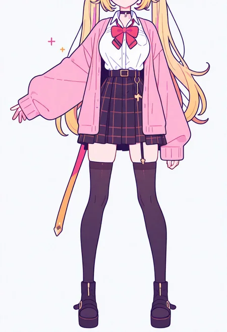 Flatline, Flat vector illustration, looking at viewer, full_body, 
nijisara, large breasts, heterochromia, red eye, yellow eye, blonde hair, ltwintails, hair ribbon, long sleeves, red bow, pink cardigan, black thighhighs, plaid skirt, red ribbon, black choker, garter straps, school uniform, 
beautiful breasts, slim, slender, fair skin, clear skin, beauty skin, smooth skin, shiny skin, beautiful legs, long legs, sandals, 
from front, front view, straight-on, look at viewer, standing, (legs apart:1.4), 
white background,
