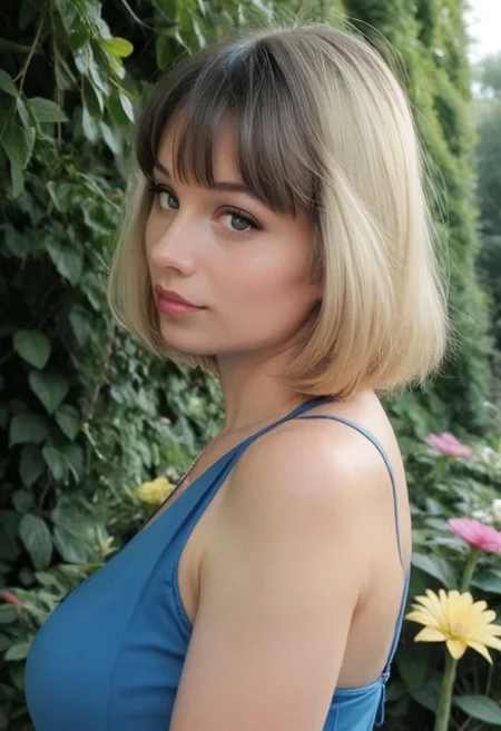 score_9, score_8_up, score_7_up, score_6_up, score_5_up, score_4_up, side profile, upper body shot of a woman, POV, looking at the viewer, blonde hair, bobbed hair, fringe, (dark blue eyes), black eyeliner, blue dress, busty, outside, in a garden full of flowers,