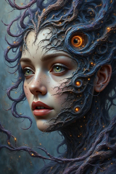 face adorned with, Dynamic digital painting with swirling, vibrant colors depicting two figures with intricate textures and vibrant colors. The scene should include a rich variety of elements, each contributing to the overall atmosphere. Lighting should be soft, diffused, and natural, enhancing the depth and realism of the scene. The mood is to be calm yet vibrant, creating a sense of serenity and wonder. Every detail in the scene should be meticulously rendered, emphasizing the contrast between light and shadow, and capturing the fine textures and subtle gradients. The color palette should be carefully chosen to evoke emotion, with each hue enhancing the aesthetic appeal of the overall composition. The final image should be immersive and captivating, drawing the viewer into its intricately detailed world.
