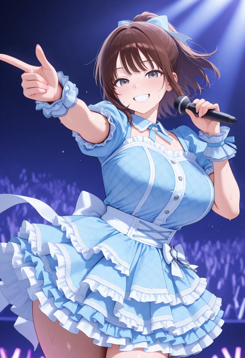 masterpiece,best quality,amazing quality, very aesthetic, ((outlined outlined vector graphics)), cute face, (glow eyes:0.5) , looking at viewer, cowboy shot,
1girl,20yo, brown hair, gray eyes, (large breast:1.1), (ponytail:1.1), medium hair,(curvy:1.1),bangs,
blue clothes, (focus female), smile,grin ,action pose , (clothed:1.1),
idol, idol outfit, japanese-idol-outfit, clothed, frilled dress,, idol stage,microphone , open eyes , sweat,
, <lora:idol-outfit-il-20:1.0>