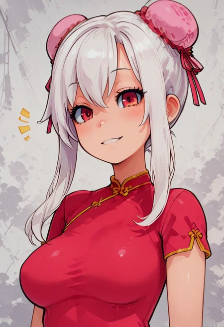 masterpiece, best quality,   medium breasts, (curvy), cute, eyelashes,  shiny skin, vivid colors,    zQipaoIllyaCitron, red eyes, hair bun, hair ribbon, sidelocks, white hair, bun cover, chinese clothes, pink dress, smile, (upper body),   , <lora:QipaoIllyaCitronOC_NAI:1.0>,  <lora:ZankuroStyle_NAI:0.7>, <lora:HaradaTakehito_NAI:0.7>,
