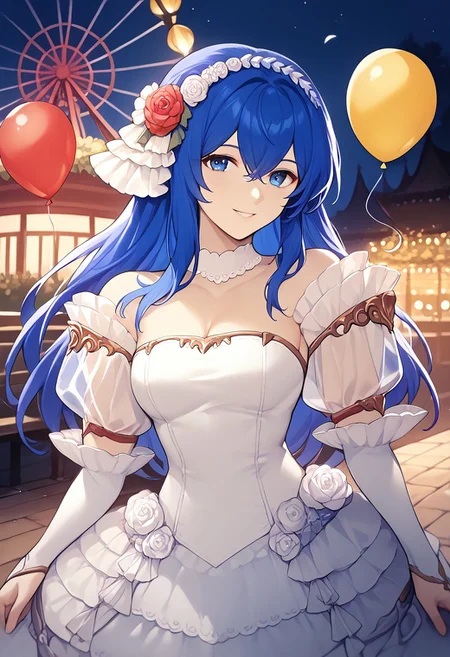 score_9, score_8_up, score_7_up, highres, (best quality:1.1), masterpiece, absurdes, 1girl, solo, long hair, looking at viewer, smile, standing, outdoors, night, bench, balloon, lamppost, ferris wheel, <lora:caeda-fe-richy-v1_pdxl:1> caedabrd, blue eyes, blue hair, long hair, bangs, hairband, frilled hair ornament, bride, wedding dress, cleavage, detached sleeves, puffy short sleeves, see-through sleeves, long sleeves, frills, (upper body:1.1)