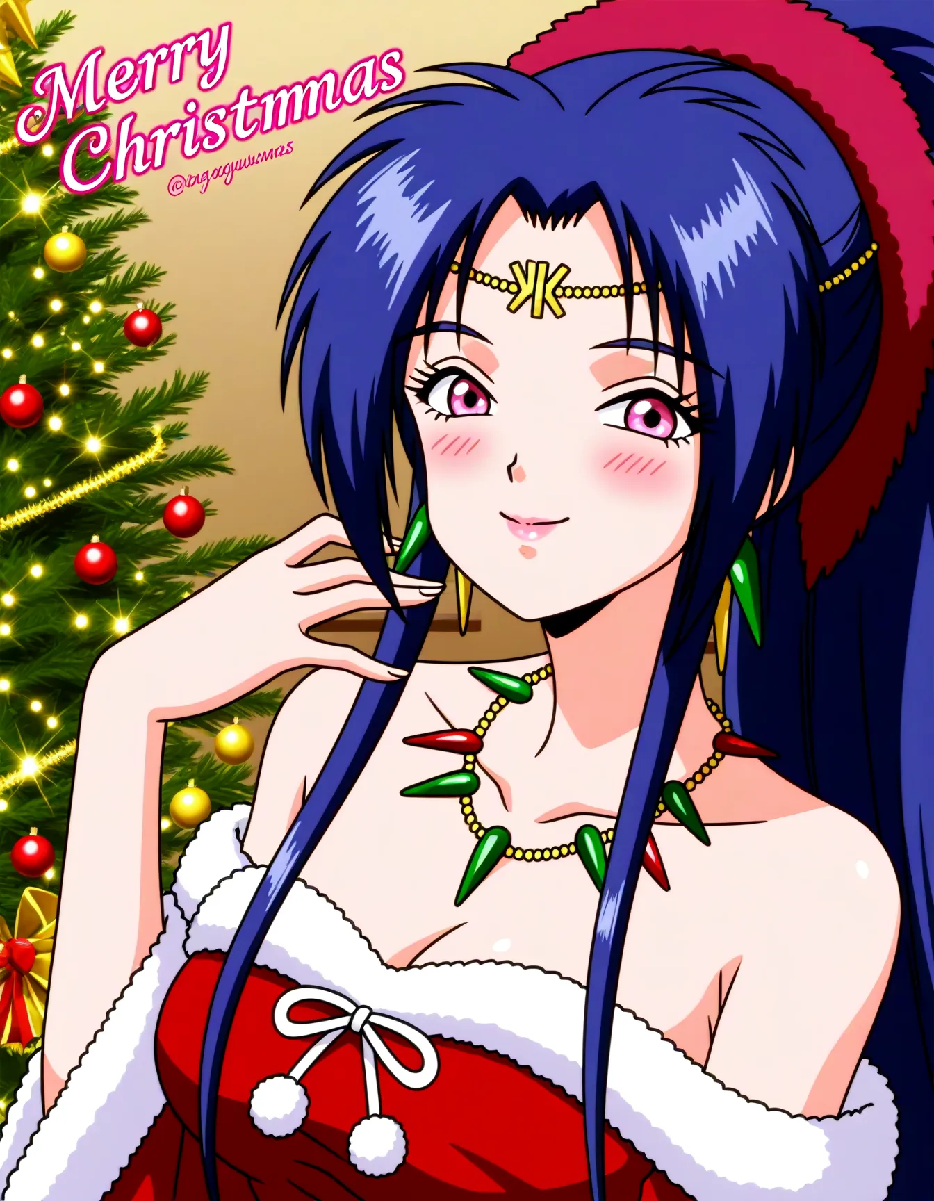 1girl, 
solo, aakaguya, pink eyes, blue hair, ponytail, long hair, necklace, jewelry, looking at viewer, breasts, cleavage, bare shoulders, sidelocks, circlet
official style, santa costume, indoors, upper body, fur trim, smile, hand up, merry christmas, detached sleeves, eyes visible through hair, red dress, blush, parted bangs, very long hair, christmas tree, large breasts, earrings, dress, pink lips, closed mouth, blurry, collarbone,
masterpiece, best quality, very aesthetic, newest, absurdres, safe
 <lora:kaguyaNBXL:1> <lora:NoobV065sHyperDmd:1>