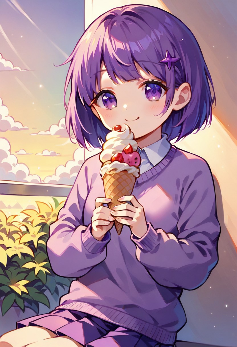 core_9, Score_8_up, Score_7_up, 1girl, solo, original anime, mion, Kiki girl, short hair, purple hair, (purple eyes: 1.1), skirt, pleated skirt, purple skirt, sweater, purple sweater, smiling, playing while eating ice cream, beautiful sky, chibi