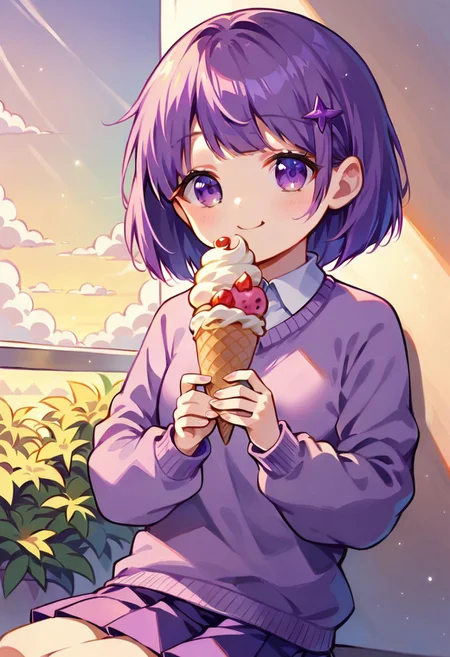core_9, Score_8_up, Score_7_up, 1girl, solo, original anime, mion, Kiki girl, short hair, purple hair, (purple eyes: 1.1), skirt, pleated skirt, purple skirt, sweater, purple sweater, smiling, playing while eating ice cream, beautiful sky, chibi