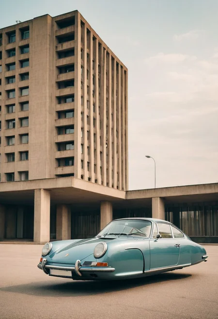 (low angle shot:1.4), an editorial photo of a 1960s Mustand and Porsche style Hovering_Car parked in front of a Soviet brutalist style building, highly detailed, retro futurism, clean lines, fine art photography, award winning photography, film grain,