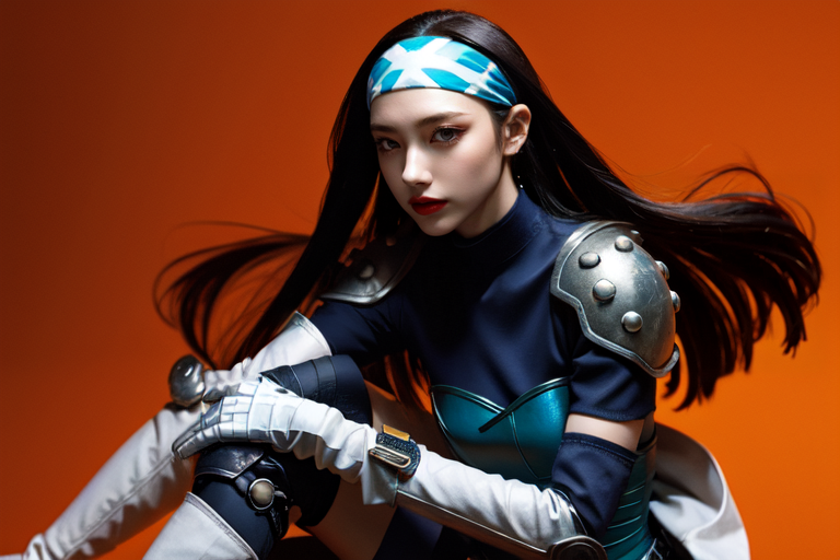 highly insanely detailed, masterpiece, top quality, best quality, highres, 4k, 8k, RAW photo, (very aesthetic, beautiful and aesthetic),  
beth_\(megami_tensei\),bethsmtii,shin megami tensei ii,long hair,black hair,straight hair,sleek black,jewelry,cross,headband,red_lipstick,Blue_dress,armored_corset,blue shirt,armored_pads,armored_gloves,knee_pads,armored boots,holy_knight,holy_knight_armor,long white gloves,heeled_boots,armored_heels,elbow gloves,elbow pads,thigh boots,white gloves,belt,belt pouch,white footwear,katana,sword,Tokyo_Millennium,post-apocalyptic_city,dystopian_world, 
<lora:zs_Beth:0.8>, 
(1girl:1.3), 1other, 
(pure orange background,transparent background:1.2),âââ