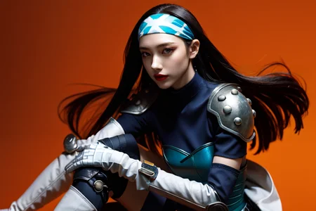 highly insanely detailed, masterpiece, top quality, best quality, highres, 4k, 8k, RAW photo, (very aesthetic, beautiful and aesthetic),  
beth_\(megami_tensei\),bethsmtii,shin megami tensei ii,long hair,black hair,straight hair,sleek black,jewelry,cross,headband,red_lipstick,Blue_dress,armored_corset,blue shirt,armored_pads,armored_gloves,knee_pads,armored boots,holy_knight,holy_knight_armor,long white gloves,heeled_boots,armored_heels,elbow gloves,elbow pads,thigh boots,white gloves,belt,belt pouch,white footwear,katana,sword,Tokyo_Millennium,post-apocalyptic_city,dystopian_world, 
<lora:zs_Beth:0.8>, 
(1girl:1.3), 1other, 
(pure orange background,transparent background:1.2),âââ