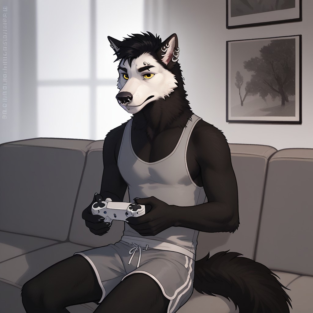 score_9, score_8_up, score_7_up, score_6_up, score_5_up, score_4_up, masterpiece, high quality, source_furry, beautiful detailed face, detailed body, good anatomy, 
Anthro, furry, Wolf, black body, white face, eyebrows piercing, black hair, earrings, lips piercing, nose piercing, chin piercing, solo, male, 1boy, yellow eyes, 
On sofa, livingroom, playing videogame, console controller, sports shorts, grey tank top, leaning foward, hunchback,