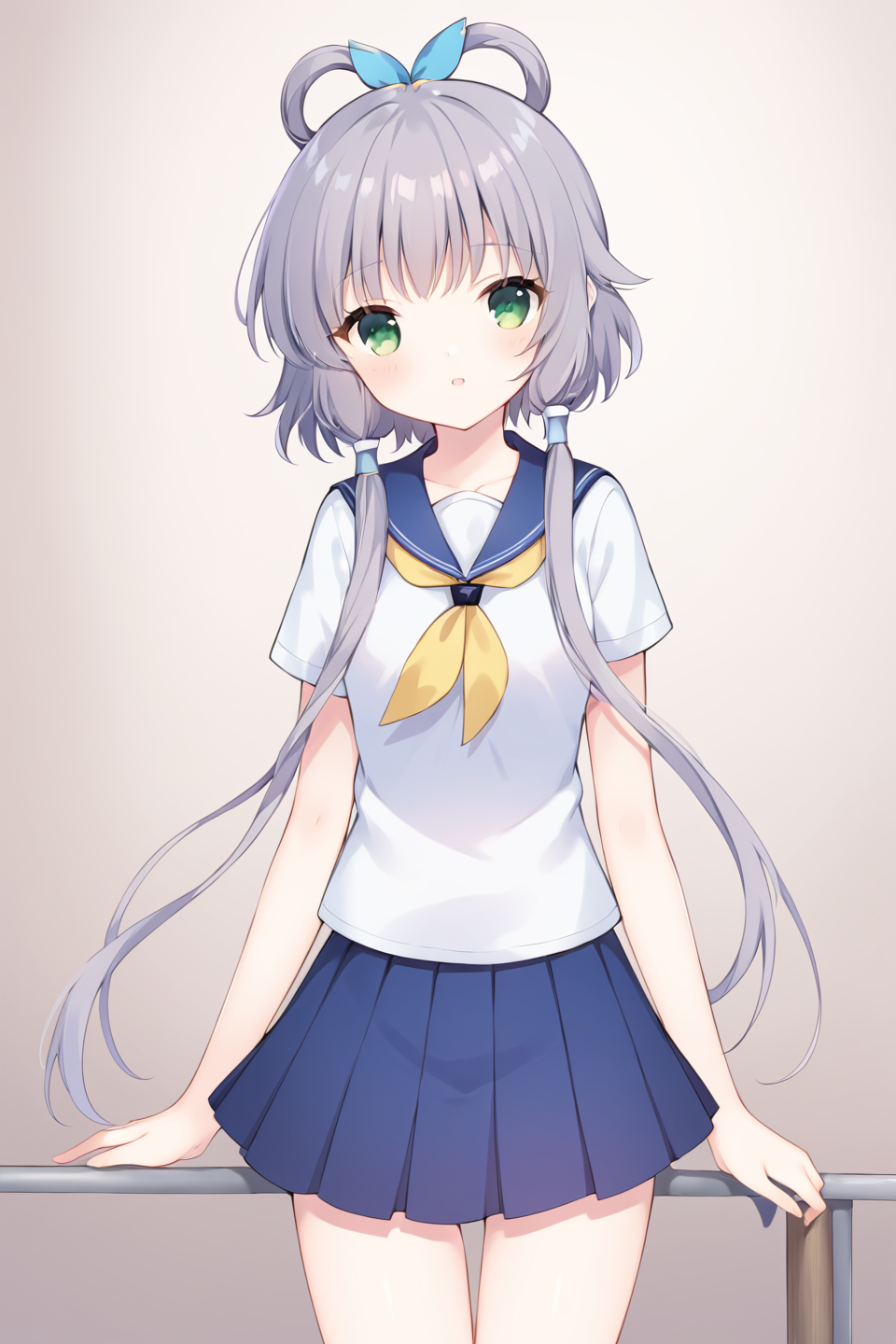 CHII,1girl,solo,school uniform,<lora:Chobits_XL:0.8>,luotianyi, green eyes, grey hair, hair ornament, hair rings, short hair with long locks, hair tubes, <lora:luotianyi_xl:0.8>