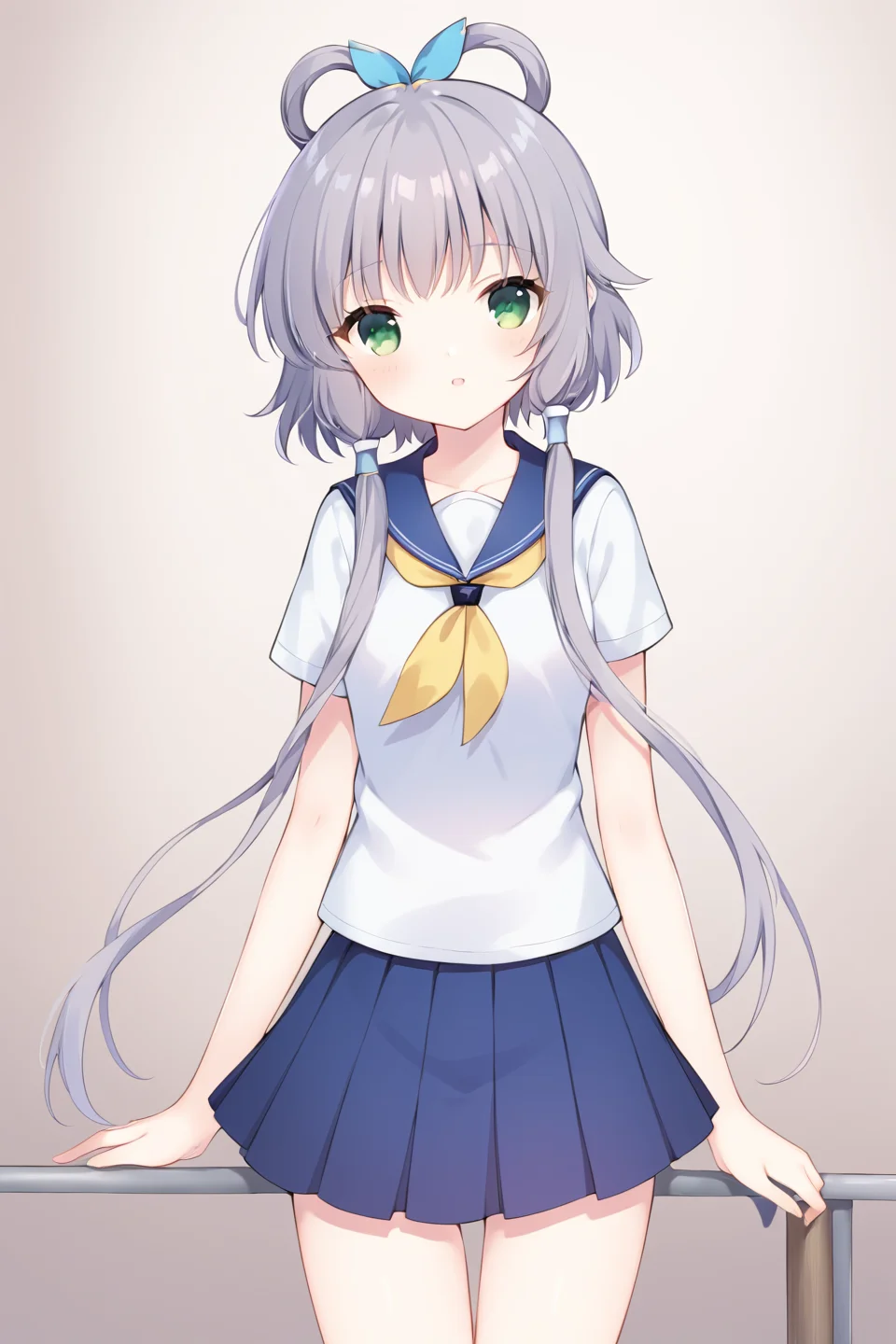 CHII,1girl,solo,school uniform,<lora:Chobits_XL:0.8>,luotianyi, green eyes, grey hair, hair ornament, hair rings, short hair with long locks, hair tubes, <lora:luotianyi_xl:0.8>