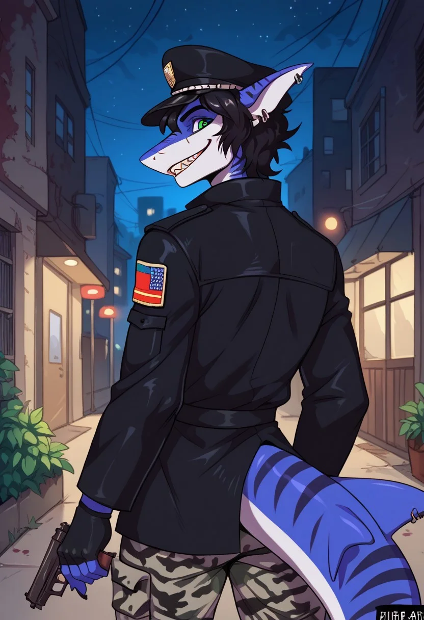 ziffir_stylepxl, score_9, score_8_up, score_7_up, 1boy, solo, lunarsunxl, anthro shark,dark blue skin, stripes on the body, short hair,lush hair,black hair, green eyes, shark tail, ear piercing, BREAK, black officer's cap of the USSR soldiers, long black leather raincoat, black fingerless gloves, camouflage pants, rear view turns to the viewer, predatory gaze, crazy eyes, wide smile, shark teeth, bloody face, holding a mauser pistol, background night alley of the city, night, dark atmosphere, horror