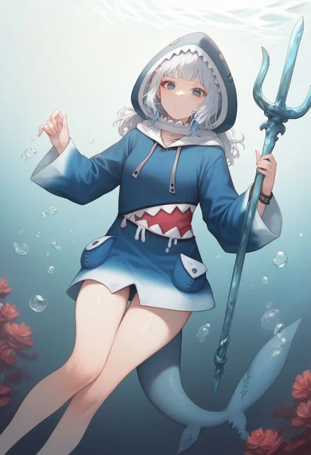 score_9, score_8_up, score_7_up, read_description, highly detailed, 1girl, ((solo)), (underwater depths), gawr gura, blue hoodie, shark hood, shark tail hand extended forward, holding trident, 
 <lora:depths-fC_v1.1:0.75>