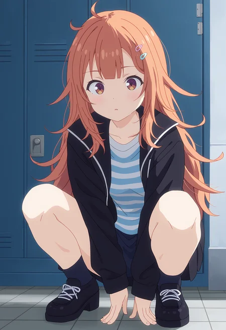 <lora:Shinon Ogawa-000038:1>,
Shinon Ogawa,1girl,solo,jacket,black jacket,shirt,long sleeves,striped clothes,squatting,front view