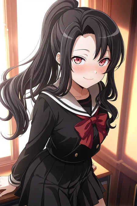 masterpiece, best quality, amazing quality,
<lora:Rui_IL:1> rui, 1girl, black school uniform, solo, long hair, red eyes, black hair, skirt, looking at viewer, smile, pleated skirt, serafuku, ponytail, black skirt, red bow, blush, bow,