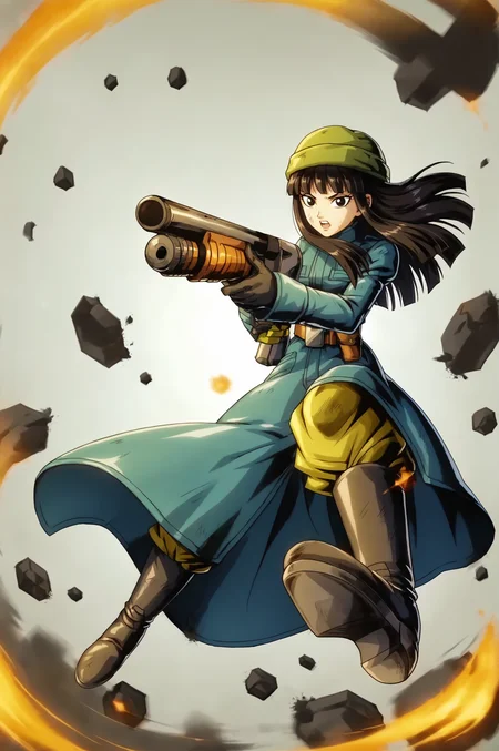 source_anime, score_9, score_8_up, score_7_up, anime screencap, absurdres,
future mai, official style, 1girl, solo, long hair, black hair, bangs, black eyes, eyelashes, knit hat, green headwear, military coat, blue coat, long sleeves, black gloves, leather belt, pouch, yellow pants, pants tucked in, black footwear, boots, full body, destruction, city destruction, teeth, open mouth, holding shotgun, jumping, midair, white background, simple background, looking at viewer, dirty clothes, v-shaped eyebrows, shoe soles, wind lift, firing, shrapnel
<lora:ohmai_pony_v1:0.8>